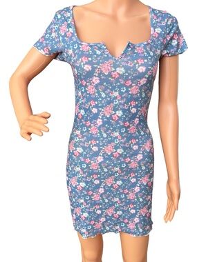 Blue Floral Notch-Neck Mini Dress